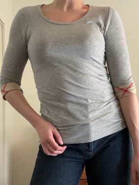 Burberry Brit Light Gray 3/4 Length Sleeve Top with Nova Check Trim Cuff